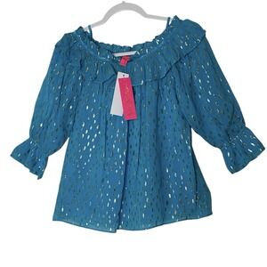 Lilly Pulitzer Top Women Small Off-the-Shoulder‎ Turquoise Ruffle 3/4 Sleeve New